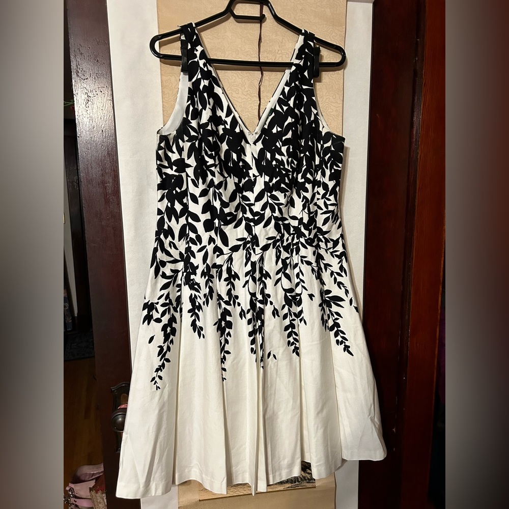 Ralph Lauren Dress White Black Floral Stretch Cotton Washable, Sz 12